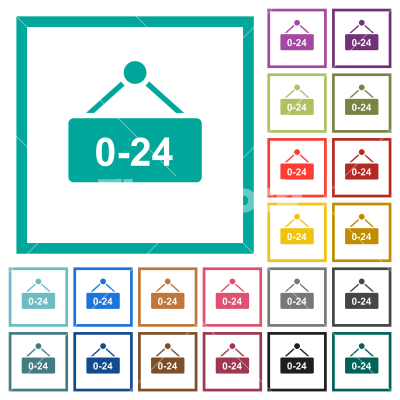 Hanging table with 24 hours flat color icons with quadrant frames - Hanging table with 24 hours flat color icons with quadrant frames on white background