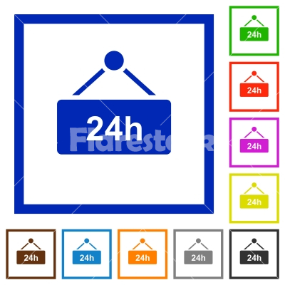 Hanging table with 24 hours flat framed icons - Hanging table with 24 hours flat color icons in square frames on white background