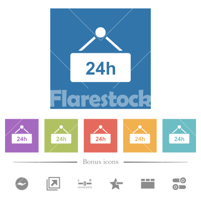 Hanging table with 24 hours flat white icons in square backgrounds - Hanging table with 24 hours flat white icons in square backgrounds. 6 bonus icons included.