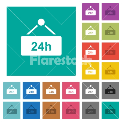 Hanging table with 24 hours square flat multi colored icons - Hanging table with 24 hours multi colored flat icons on plain square backgrounds. Included white and darker icon variations for hover or active effects.