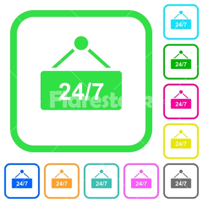 hanging table with 24h seven days a week vivid colored flat icons - hanging table with 24h seven days a week vivid colored flat icons in curved borders on white background
