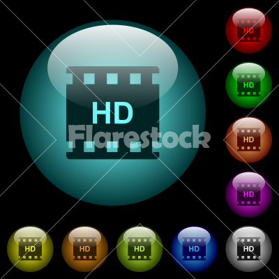HD movie format icons in color illuminated glass buttons - HD movie format icons in color illuminated spherical glass buttons on black background. Can be used to black or dark templates