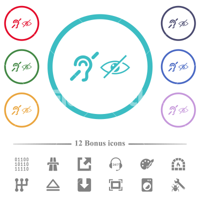 Hearing and visually impaired symbols flat color icons in circle shape outlines - Hearing and visually impaired symbols flat color icons in circle shape outlines. 12 bonus icons included.