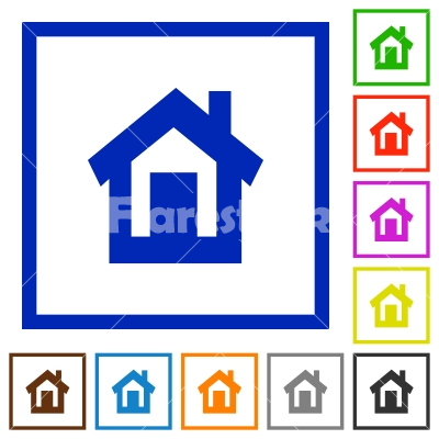 Home framed flat icons - Set of color square framed home flat icons on white background
