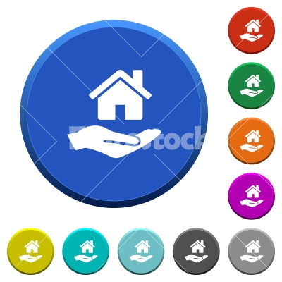 Home insurance beveled buttons - Home insurance round color beveled buttons with smooth surfaces and flat white icons