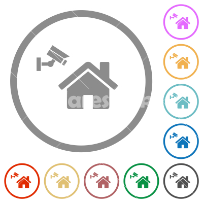 Home security flat icons with outlines - Home security flat color icons in round outlines on white background