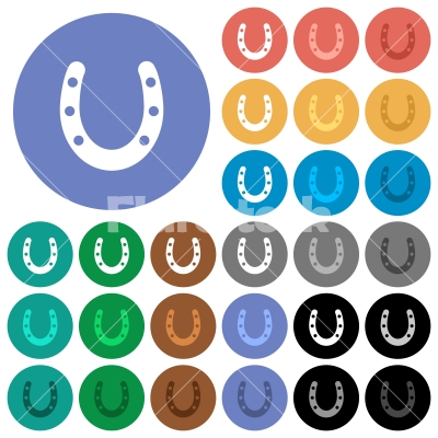 Horseshoe round flat multi colored icons - Horseshoe multi colored flat icons on round backgrounds. Included white, light and dark icon variations for hover and active status effects, and bonus shades on black backgounds.