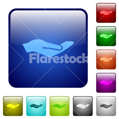 Human hand color square buttons - Human hand icons in rounded square color glossy button set - Free stock vector