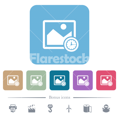 Image time flat icons on color rounded square backgrounds - Image time white flat icons on color rounded square backgrounds. 6 bonus icons included