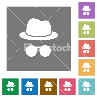 Incognito with glasses square flat icons - Incognito with glasses flat icons on simple color square backgrounds