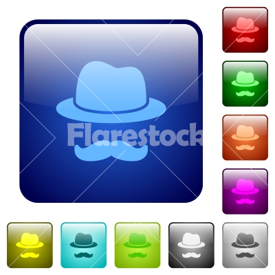Incognito with mustache color square buttons - Incognito with mustache icons in rounded square color glossy button set