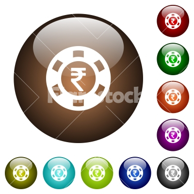 Indian Rupee casino chip color glass buttons - Indian Rupee casino chip white icons on round color glass buttons