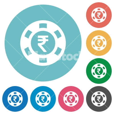 Indian Rupee casino chip flat round icons - Indian Rupee casino chip flat white icons on round color backgrounds