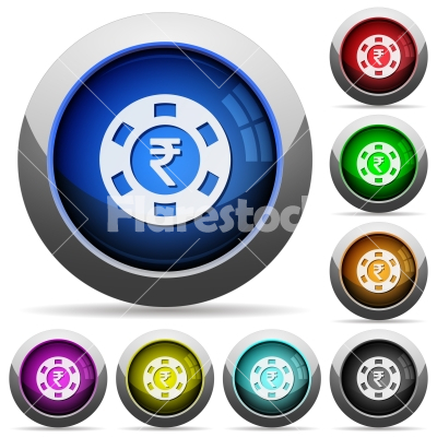 Indian Rupee casino chip glossy buttons - Indian Rupee casino chip icons in round glossy buttons with steel frames