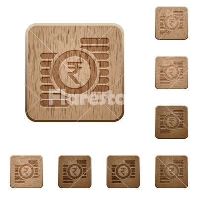 Indian Rupee coins wooden buttons - Indian Rupee coins icons in carved wooden button styles