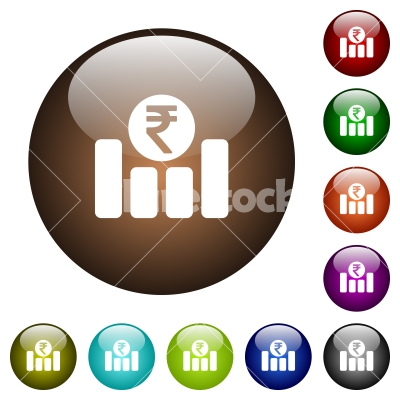 Indian Rupee financial graph color glass buttons - Indian Rupee financial graph white icons on round color glass buttons