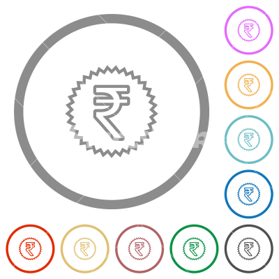 Indian Rupee sticker outline flat icons with outlines - Indian Rupee sticker outline flat color icons in round outlines on white background