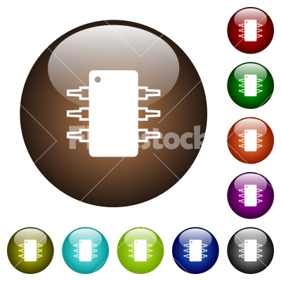 Integrated circuit color glass buttons - Integrated circuit white icons on round color glass buttons