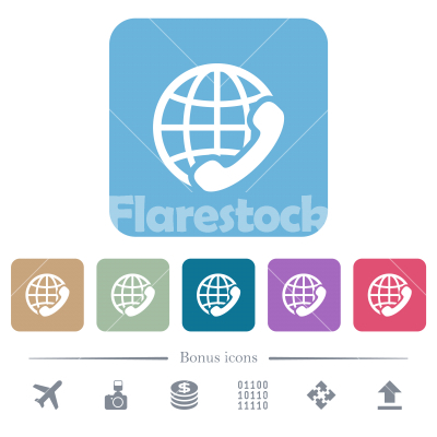 International call flat icons on color rounded square backgrounds - International call white flat icons on color rounded square backgrounds. 6 bonus icons included