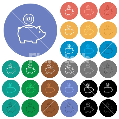 Israeli new Shekel piggy bank round flat multi colored icons - Israeli new Shekel piggy bank multi colored flat icons on round backgrounds. Included white, light and dark icon variations for hover and active status effects, and bonus shades.
