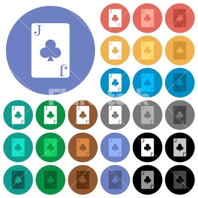 Jack of clubs card round flat multi colored icons - Jack of clubs card multi colored flat icons on round backgrounds. Included white, light and dark icon variations for hover and active status effects, and bonus shades.