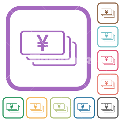 Japanese Yen banknotes outline simple icons - Japanese Yen banknotes outline simple icons in color rounded square frames on white background