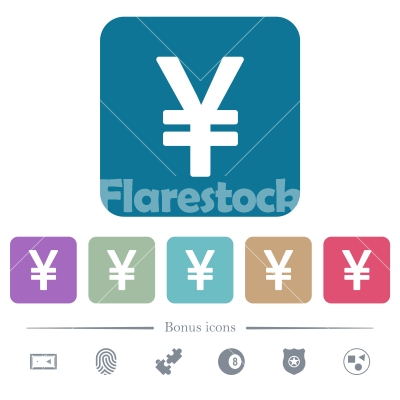 Japanese Yen sign flat icons on color rounded square backgrounds - Japanese Yen sign white flat icons on color rounded square backgrounds. 6 bonus icons included - Free stock vector