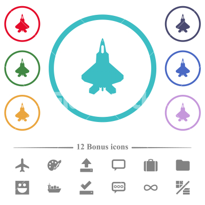 Jet fighter silhouette flat color icons in circle shape outlines - Jet fighter silhouette flat color icons in circle shape outlines. 12 bonus icons included.