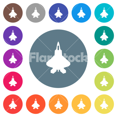 Jet fighter silhouette flat white icons on round color backgrounds - Jet fighter silhouette flat white icons on round color backgrounds. 17 background color variations are included.