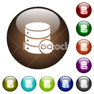 Joined database tables color glass buttons - Joined database tables white icons on round color glass buttons