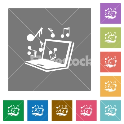 Laptop music square flat icons - Laptop music flat icons on simple color square background.