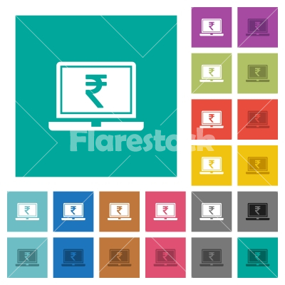 Laptop with Rupee sign square flat multi colored icons - Laptop with Rupee sign multi colored flat icons on plain square backgrounds. Included white and darker icon variations for hover or active effects.