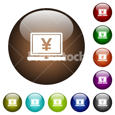 Laptop with yen sign color glass buttons - Laptop with yen sign white icons on round color glass buttons