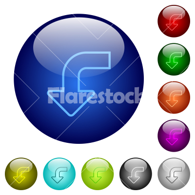 Left bottom side turn arrow solid color glass buttons - Left bottom side turn arrow solid icons on round glass buttons in multiple colors. Arranged layer structure