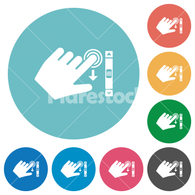 Left handed scroll down gesture flat round icons - Left handed scroll down gesture flat white icons on round color backgrounds