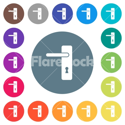 Left handed simple door handle flat white icons on round color backgrounds - Left handed simple door handle flat white icons on round color backgrounds. 17 background color variations are included.