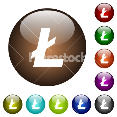 Litecoin digital cryptocurrency color glass buttons - Litecoin digital cryptocurrency white icons on round color glass buttons