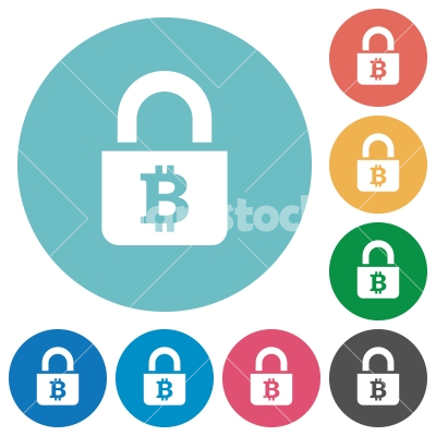 Locked Bitcoins flat round icons - Locked Bitcoins flat white icons on round color backgrounds