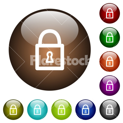 Locked padlock color glass buttons - Locked padlock white icons on round color glass buttons