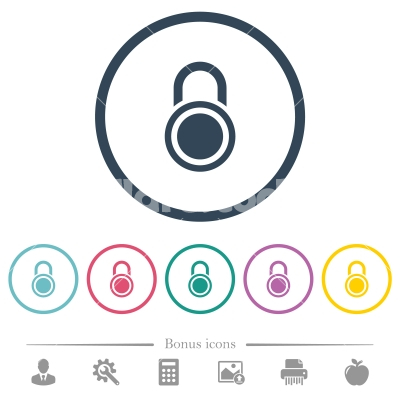 Locked round padlock flat color icons in round outlines - Locked round padlock flat color icons in round outlines. 6 bonus icons included.
