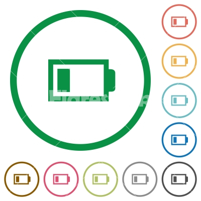 Low battery outlined flat icons - Set of Low battery color round outlined flat icons on white background