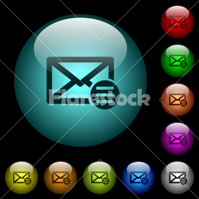 Mail options icons in color illuminated glass buttons - Mail options icons in color illuminated spherical glass buttons on black background. Can be used to black or dark templates