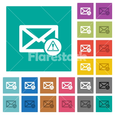 Mail warning square flat multi colored icons - Mail warning multi colored flat icons on plain square backgrounds. Included white and darker icon variations for hover or active effects.