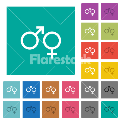 Male and felmale gender symbols square flat multi colored icons - Male and felmale gender symbols multi colored flat icons on plain square backgrounds. Included white and darker icon variations for hover or active effects.