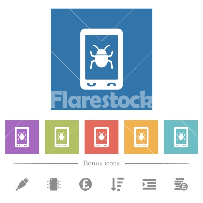 Malicious mobile software flat white icons in square backgrounds - Malicious mobile software flat white icons in square backgrounds. 6 bonus icons included.