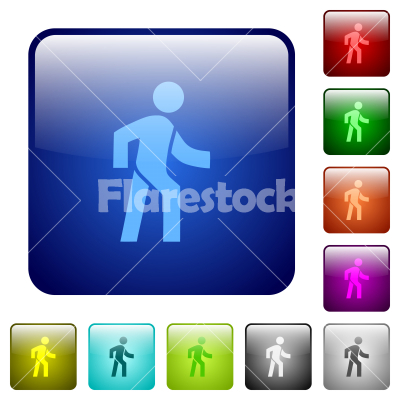Man walking right color square buttons - Man walking right icons in rounded square color glossy button set - Free stock vector