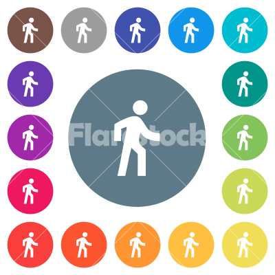 Man walking right flat white icons on round color backgrounds - Man walking right flat white icons on round color backgrounds. 17 background color variations are included.