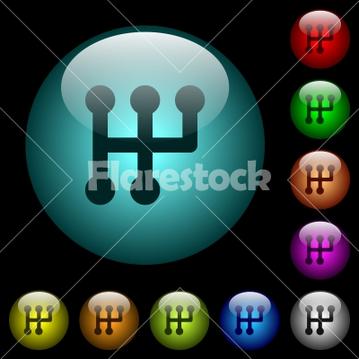 Manual shift icons in color illuminated glass buttons - Manual shift icons in color illuminated spherical glass buttons on black background. Can be used to black or dark templates