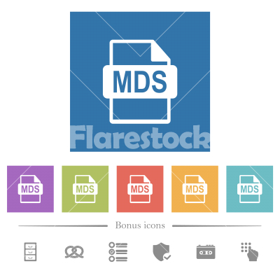 MDS file format flat white icons in square backgrounds - MDS file format flat white icons in square backgrounds. 6 bonus icons included.