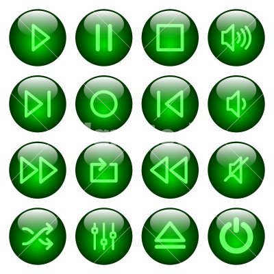 Media player buttons - Set of green glossy round media player buttons. Arranged layer structure.